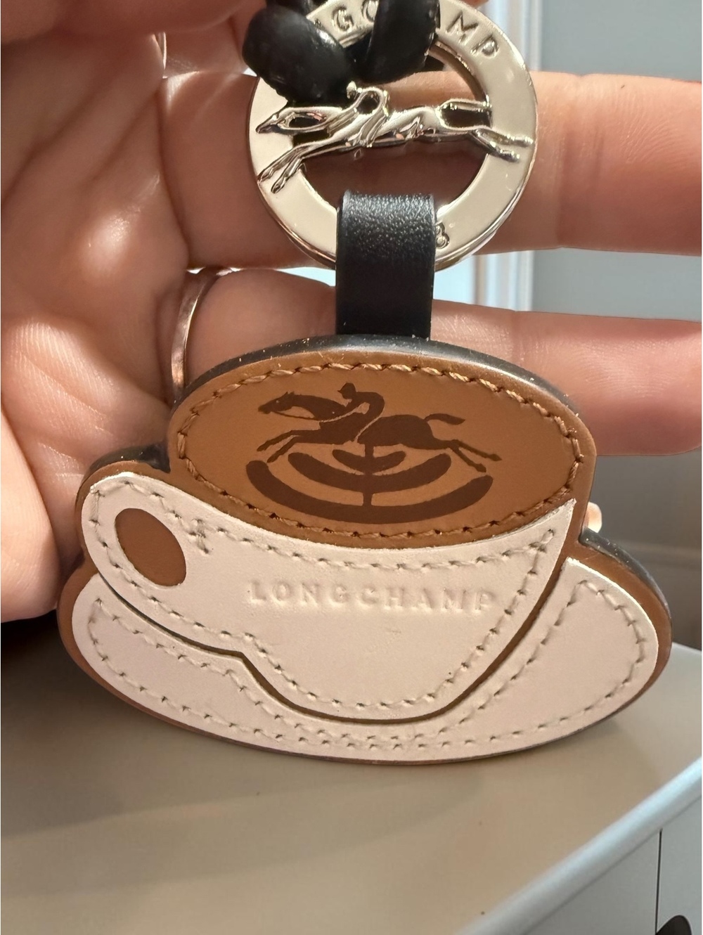 Longchamp Coffee Cup Leather Bag Charm Keyring White Tan Black Horse Logo - Picture 3 of 4